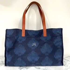 Pottery Barn Kids preppy canvas diaper tote navy blue leather straps initial "A"
